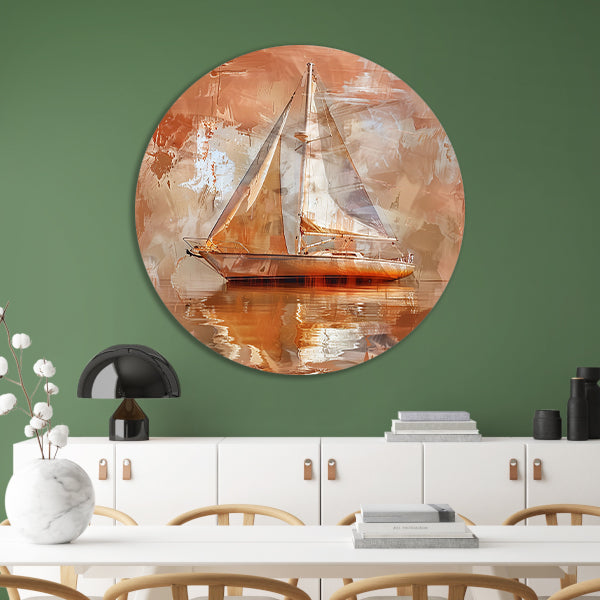 Abstracte zeilboot op reflecterend water aluminium muurcirkel