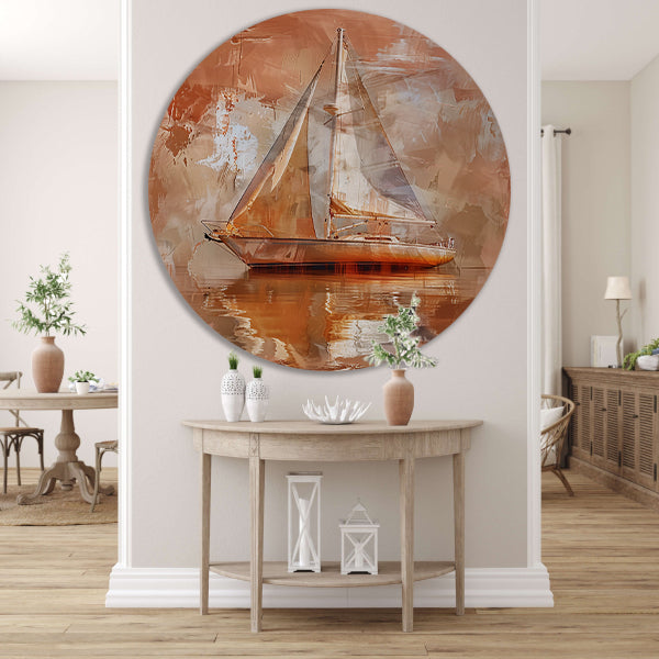 Abstracte zeilboot op reflecterend water aluminium muurcirkel