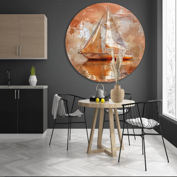 Abstracte zeilboot op reflecterend water aluminium muurcirkel