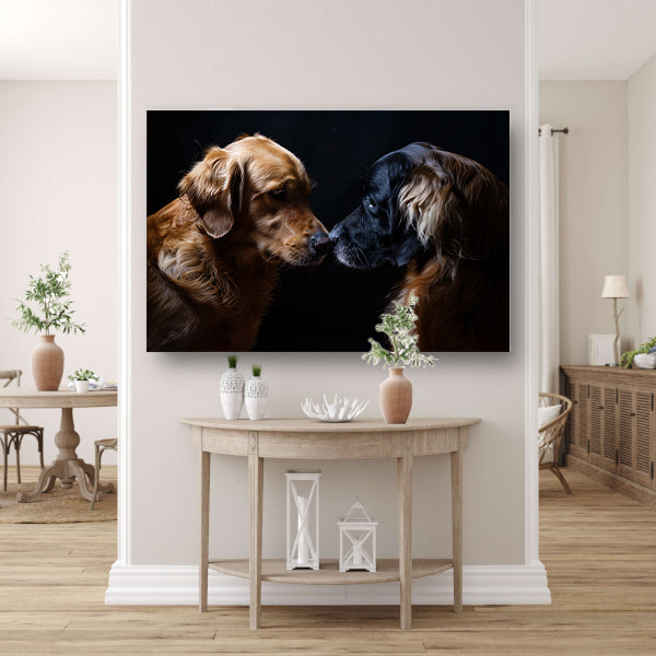 Twee honden raken elkaar met de neus canvas met baklijst