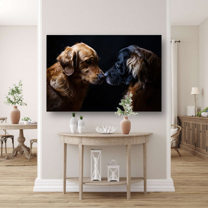 Twee honden raken elkaar met de neus canvas met baklijst