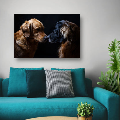 Twee honden raken elkaar met de neus canvas met baklijst