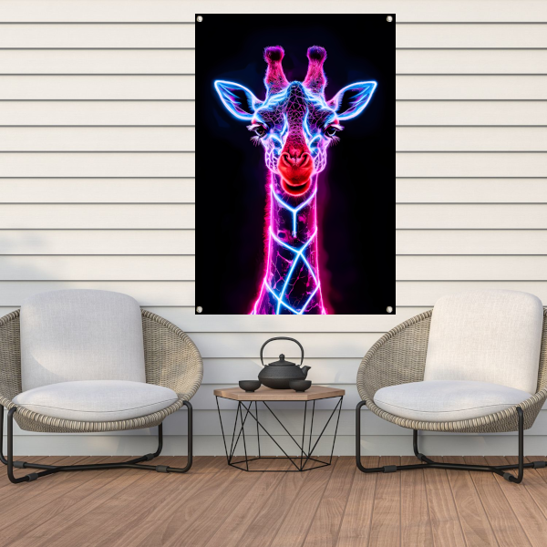 Neon futuristische giraffe met holografische lichten tuinposter