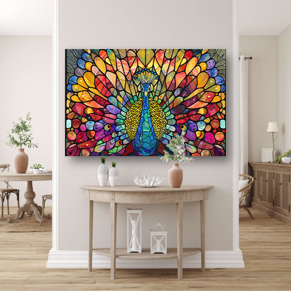 Pauw in kleurrijke glas-in-lood stijl poster