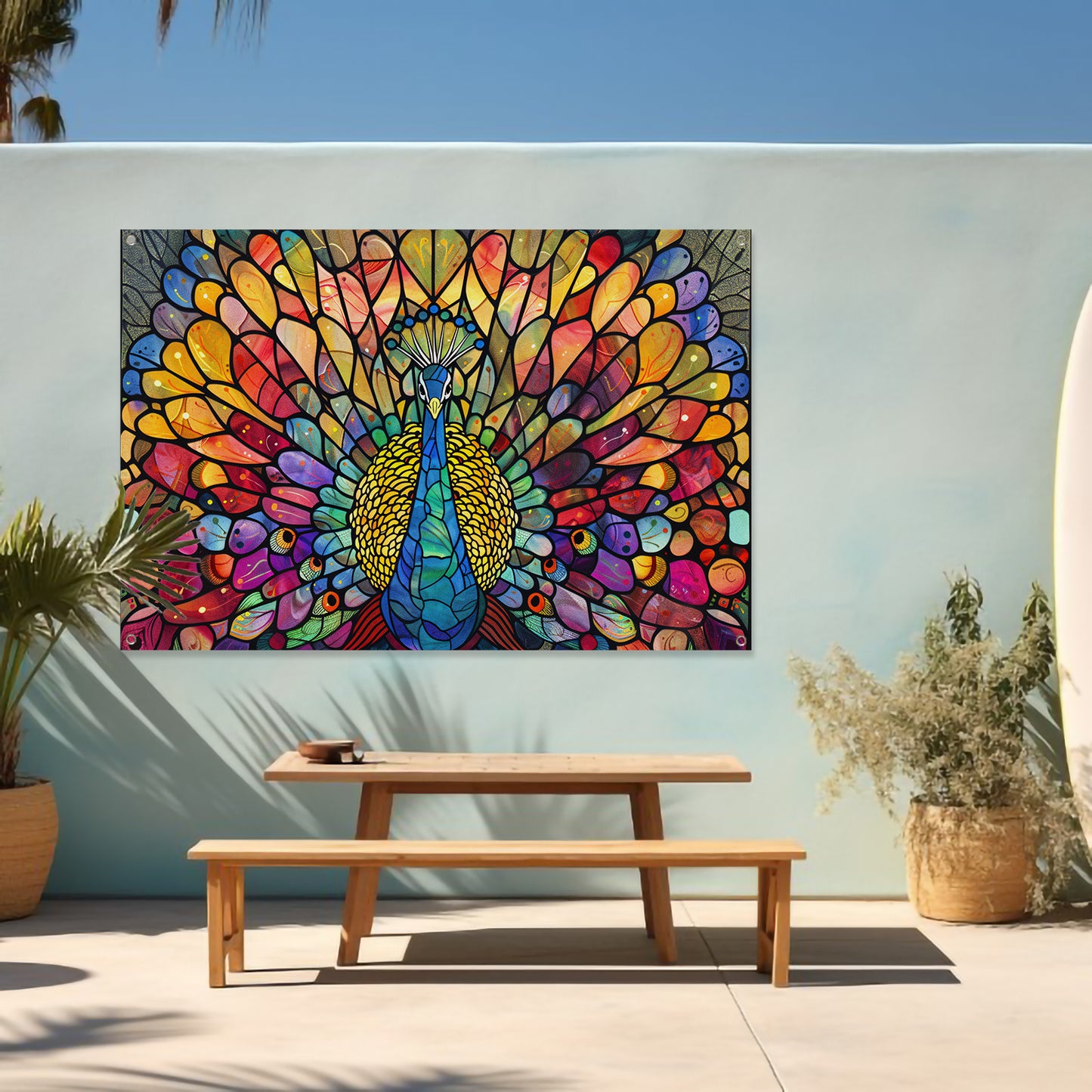 Pauw in kleurrijke glas-in-lood stijl tuinposter