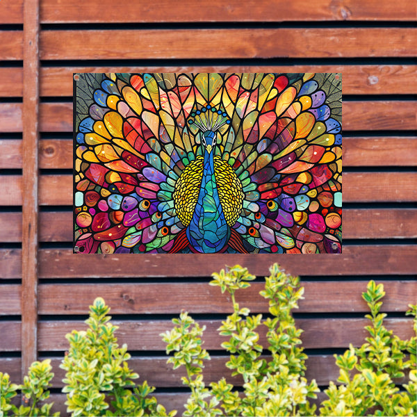 Pauw in kleurrijke glas-in-lood stijl tuinposter