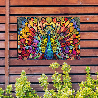 Pauw in kleurrijke glas-in-lood stijl tuinposter