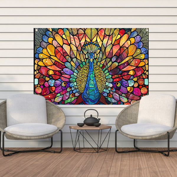 Pauw in kleurrijke glas-in-lood stijl tuinposter