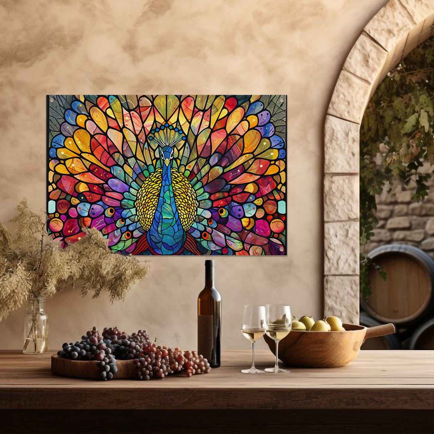 Pauw in kleurrijke glas-in-lood stijl tuinposter