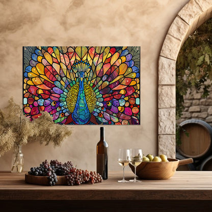 Pauw in kleurrijke glas-in-lood stijl tuinposter