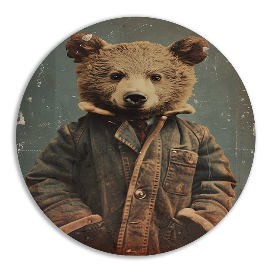 Beer met vintage jas portret aluminium muurcirkel