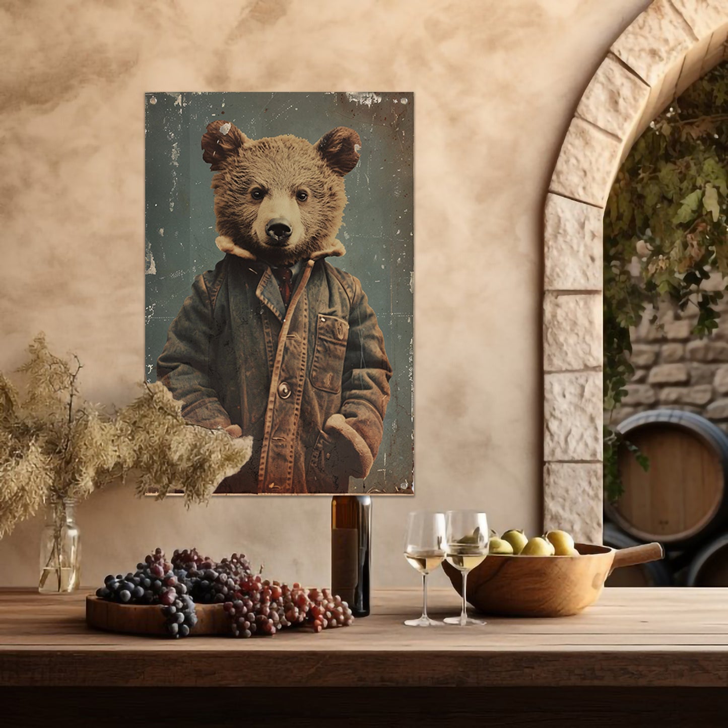 Beer met vintage jas portret tuinposter