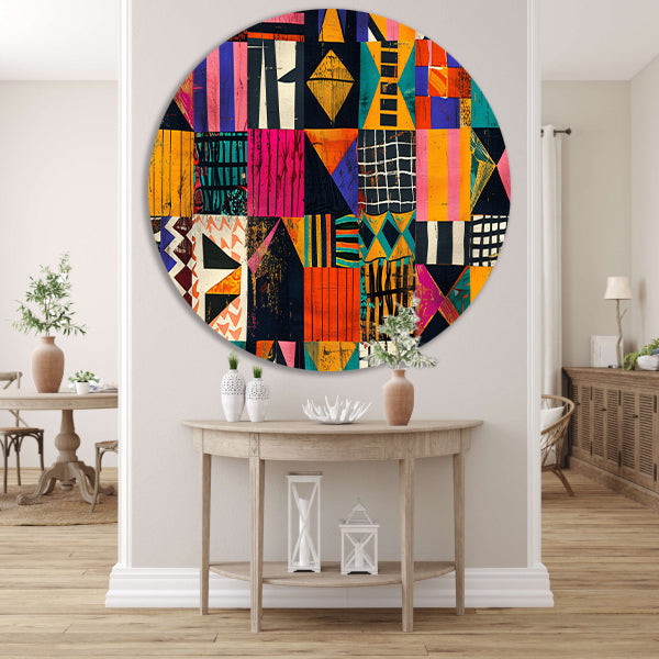 Abstract geometrisch kunstwerk in levendige kleuren   aluminium muurcirkel