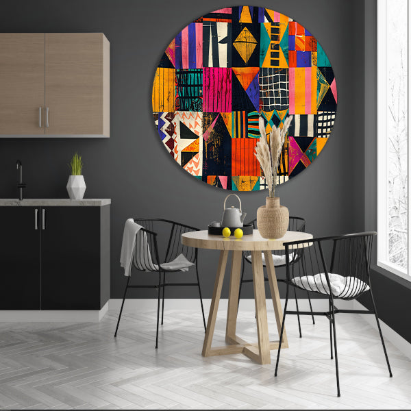 Abstract geometrisch kunstwerk in levendige kleuren   aluminium muurcirkel
