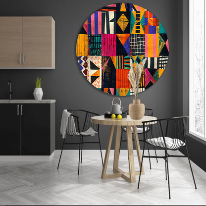 Abstract geometrisch kunstwerk in levendige kleuren   aluminium muurcirkel