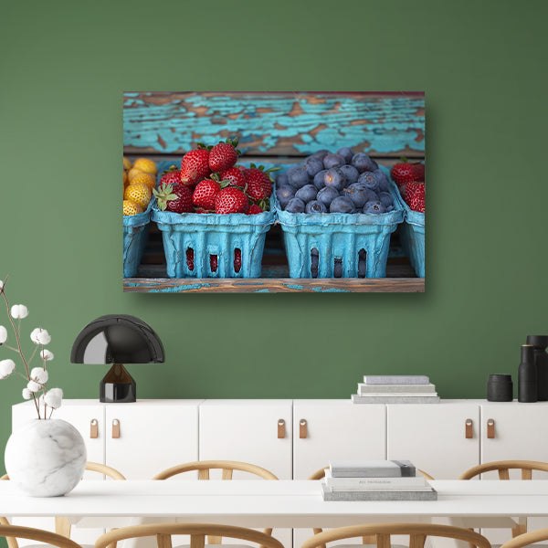 Kleurrijk fruitschaal met aardbeien en blauwe bessen canvas