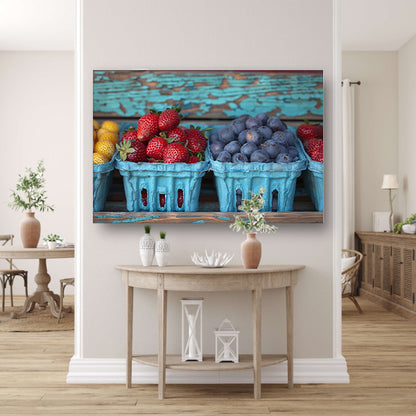 Kleurrijk fruitschaal met aardbeien en blauwe bessen acrylglas