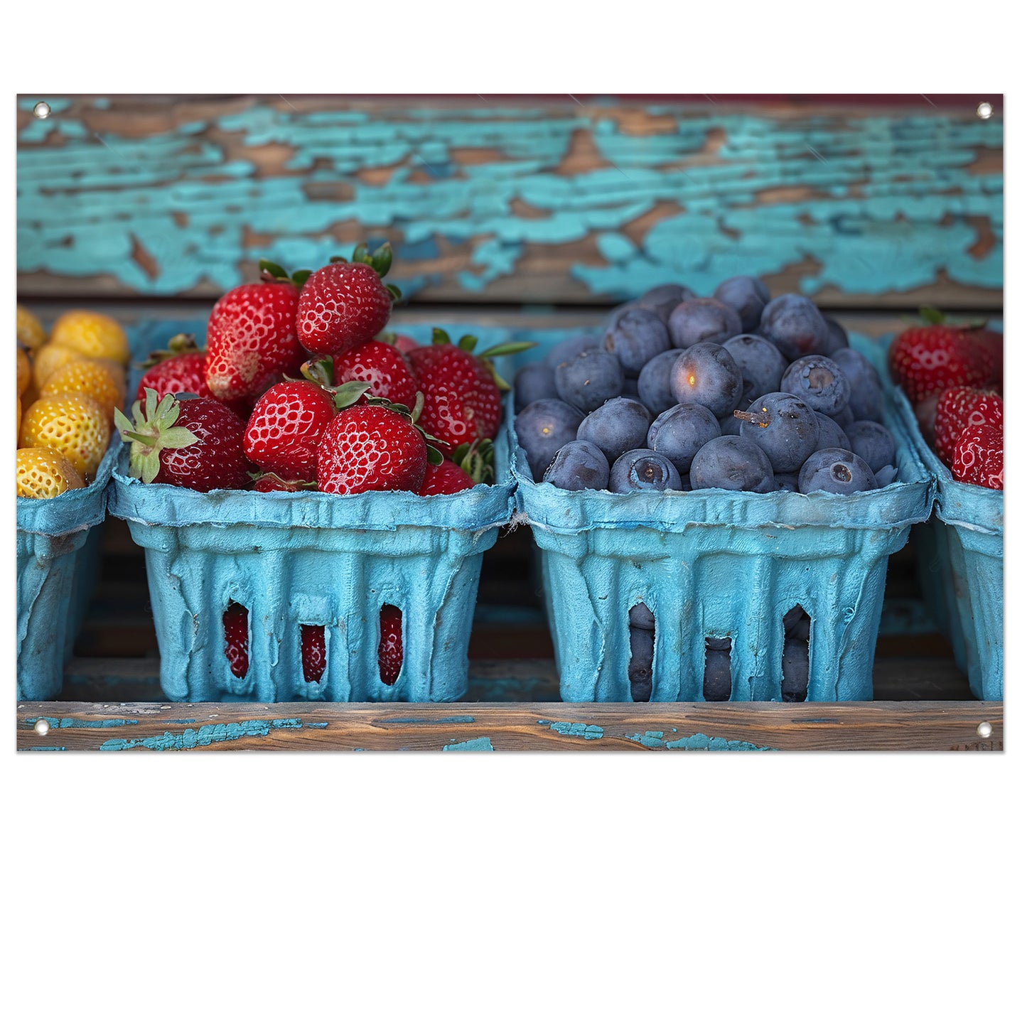 Kleurrijk fruitschaal met aardbeien en blauwe bessen tuinposter