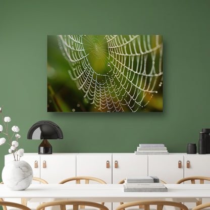 Dauw bedekt spinnenweb in close-up poster