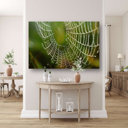 Dauw bedekt spinnenweb in close-up poster