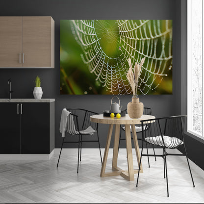 Dauw bedekt spinnenweb in close-up poster