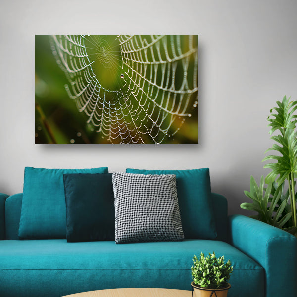 Dauw bedekt spinnenweb in close-up poster