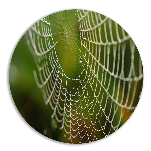 Dauw bedekt spinnenweb in close-up aluminium muurcirkel