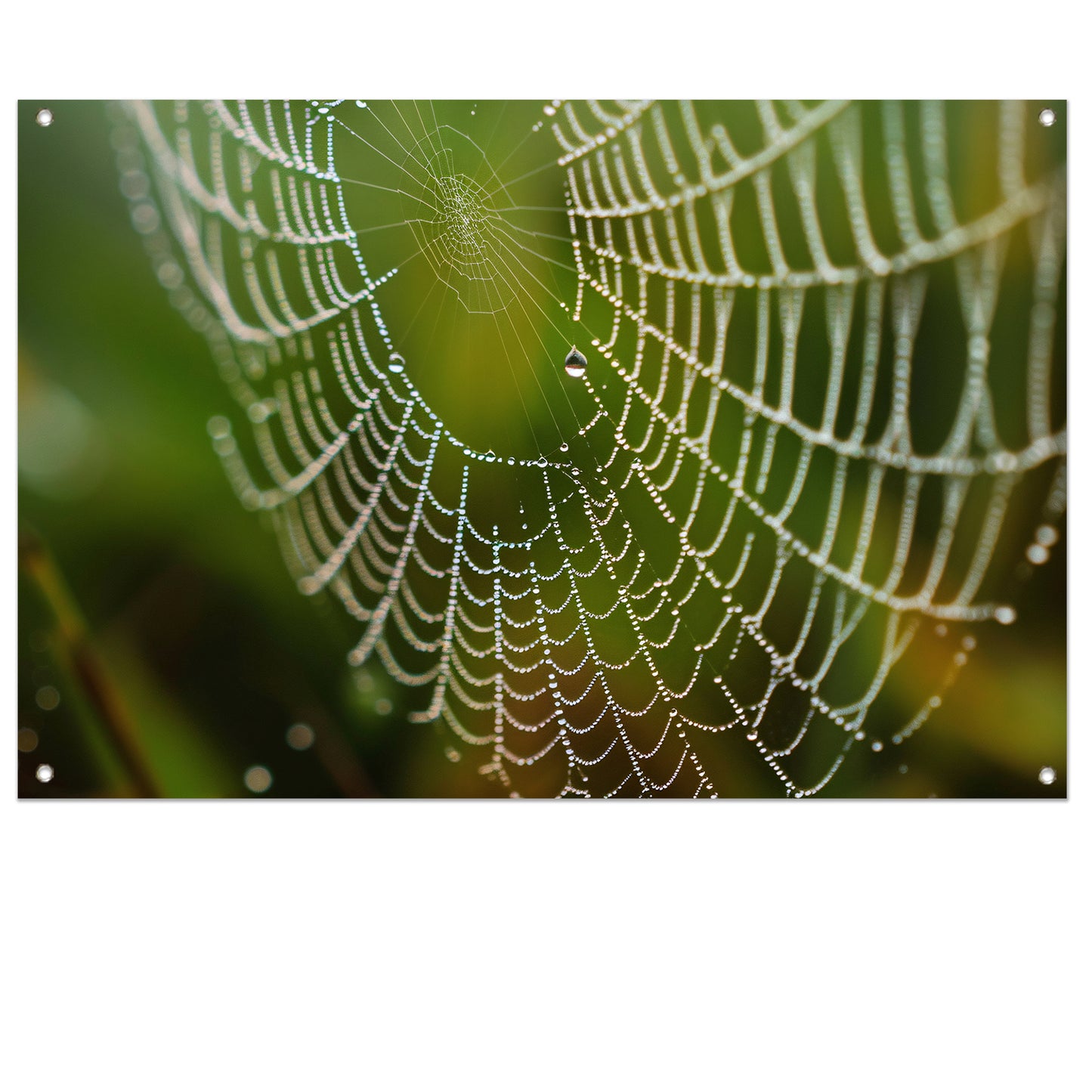 Dauw bedekt spinnenweb in close-up tuinposter