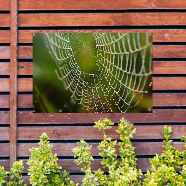 Dauw bedekt spinnenweb in close-up tuinposter