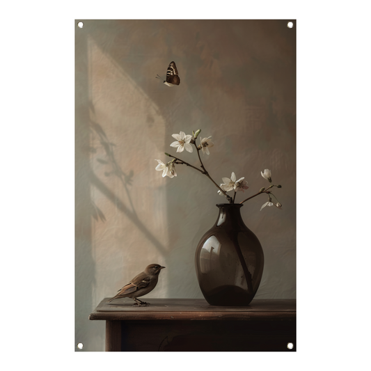 Stilleven met Vogel en Witte Bloesem tuinposter