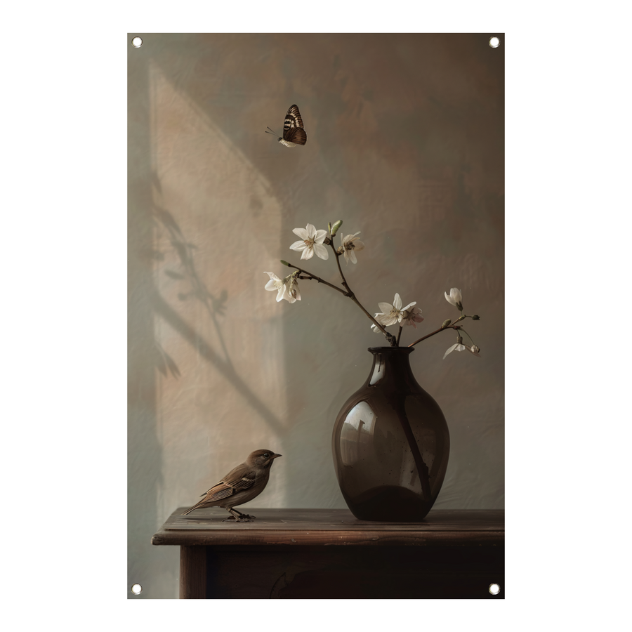Stilleven met Vogel en Witte Bloesem tuinposter