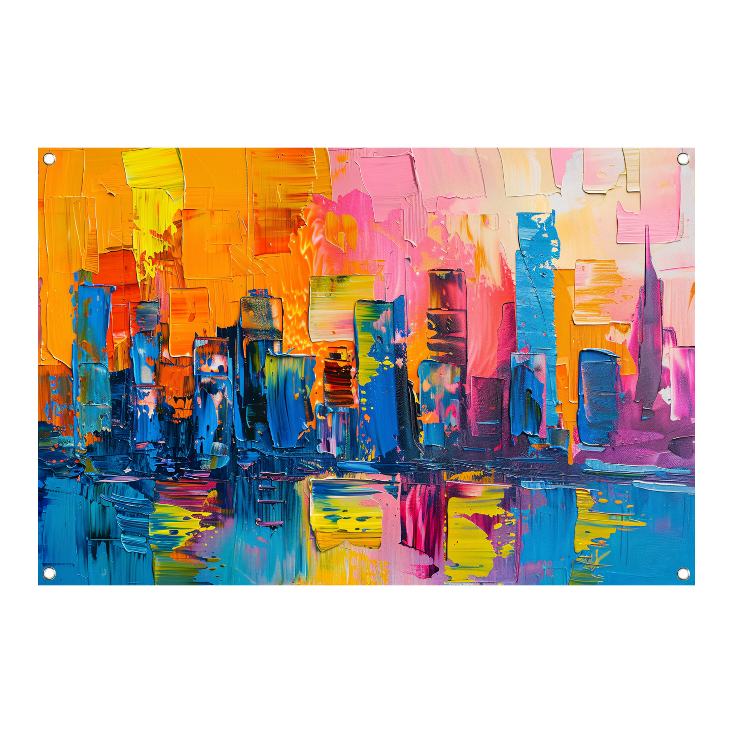 Levendige abstracte interpretatie van een stedelijke skyline tuinposter