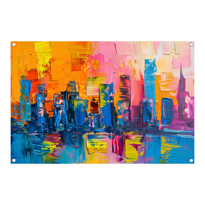 Levendige abstracte interpretatie van een stedelijke skyline tuinposter