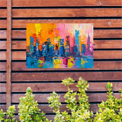 Levendige abstracte interpretatie van een stedelijke skyline tuinposter