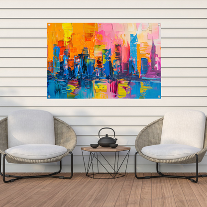 Levendige abstracte interpretatie van een stedelijke skyline tuinposter