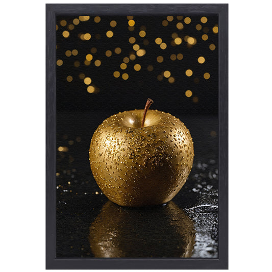 Gouden appel op natte zwarte ondergrond canvas met baklijst