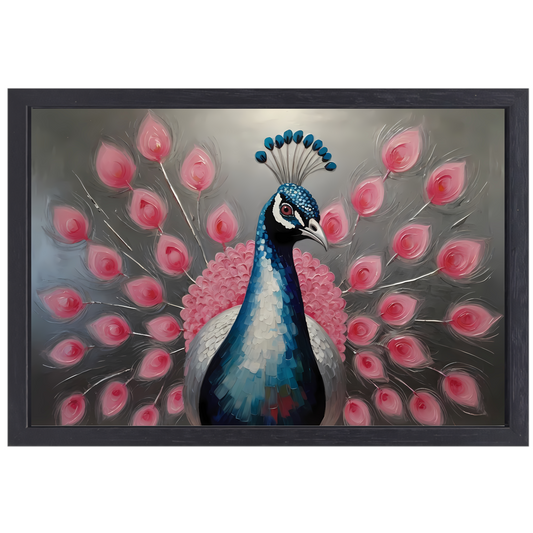 Pauw met roze bloemen in moderne stijl canvas met baklijst