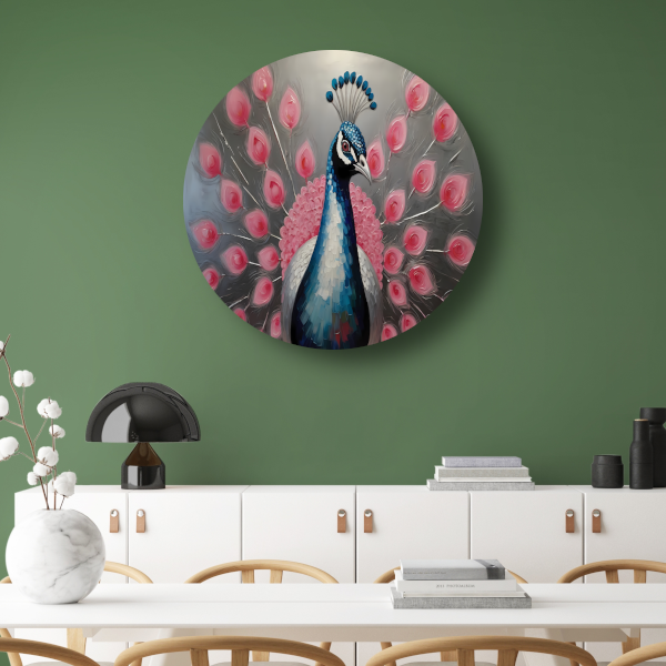 Pauw met roze bloemen in moderne stijl aluminium muurcirkel