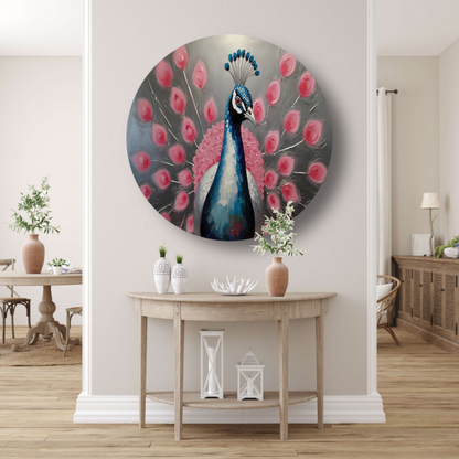 Pauw met roze bloemen in moderne stijl aluminium muurcirkel