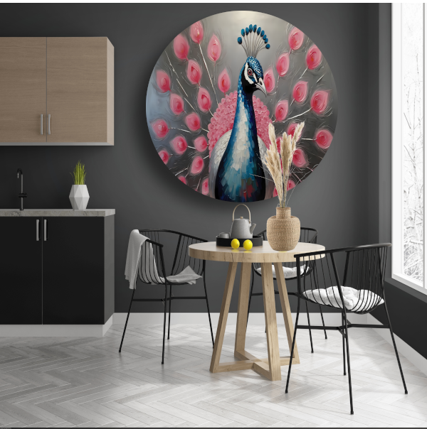 Pauw met roze bloemen in moderne stijl aluminium muurcirkel