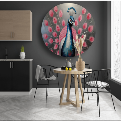 Pauw met roze bloemen in moderne stijl aluminium muurcirkel