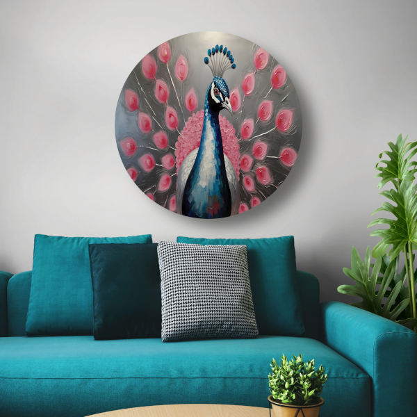 Pauw met roze bloemen in moderne stijl aluminium muurcirkel