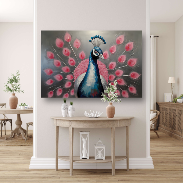 Pauw met roze bloemen in moderne stijl acrylglas