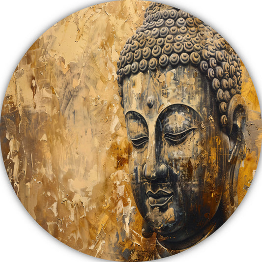 Boeddha afgebeeld in gouden en bruine tinten aluminium muurcirkel
