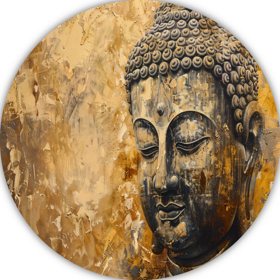 Boeddha afgebeeld in gouden en bruine tinten aluminium muurcirkel