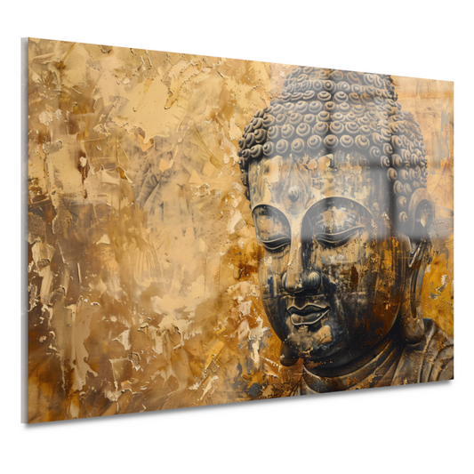 Boeddha afgebeeld in gouden en bruine tinten acrylglas