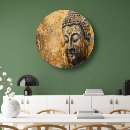 Boeddha afgebeeld in gouden en bruine tinten aluminium muurcirkel