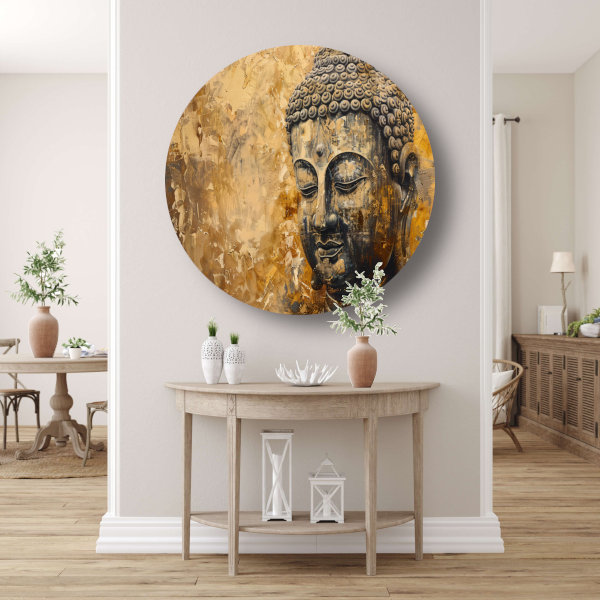 Boeddha afgebeeld in gouden en bruine tinten aluminium muurcirkel