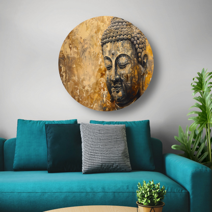 Boeddha afgebeeld in gouden en bruine tinten aluminium muurcirkel