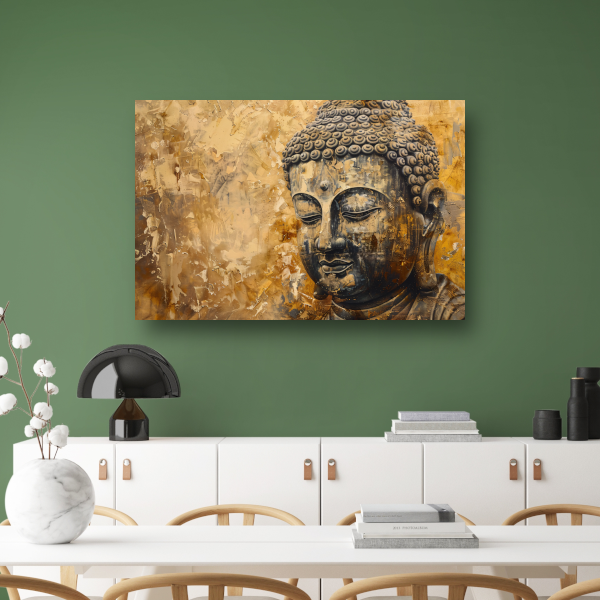 Boeddha afgebeeld in gouden en bruine tinten canvas met baklijst